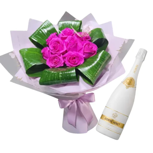 Ramo de 12 rosas fucsia con jasmine white blanc